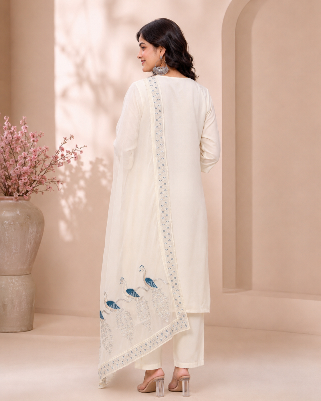White Peacock Embroidery Suit Set