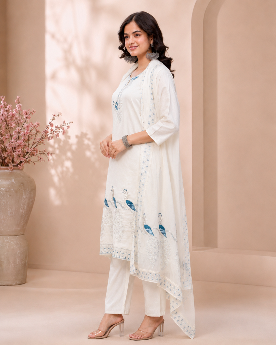 White Peacock Embroidery Suit Set