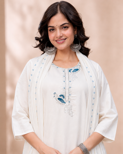 White Peacock Embroidery Suit Set