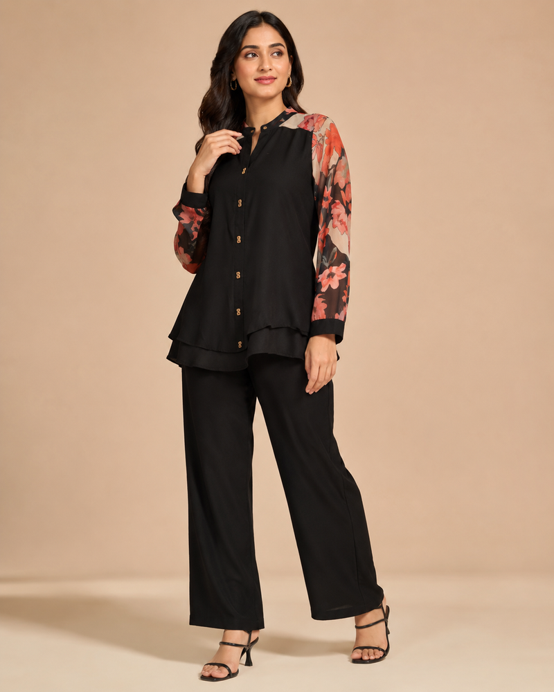 Black Floral Sleeve Co-ord Set