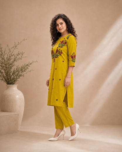 Mustard Bloom Embroidered Kurta Set
