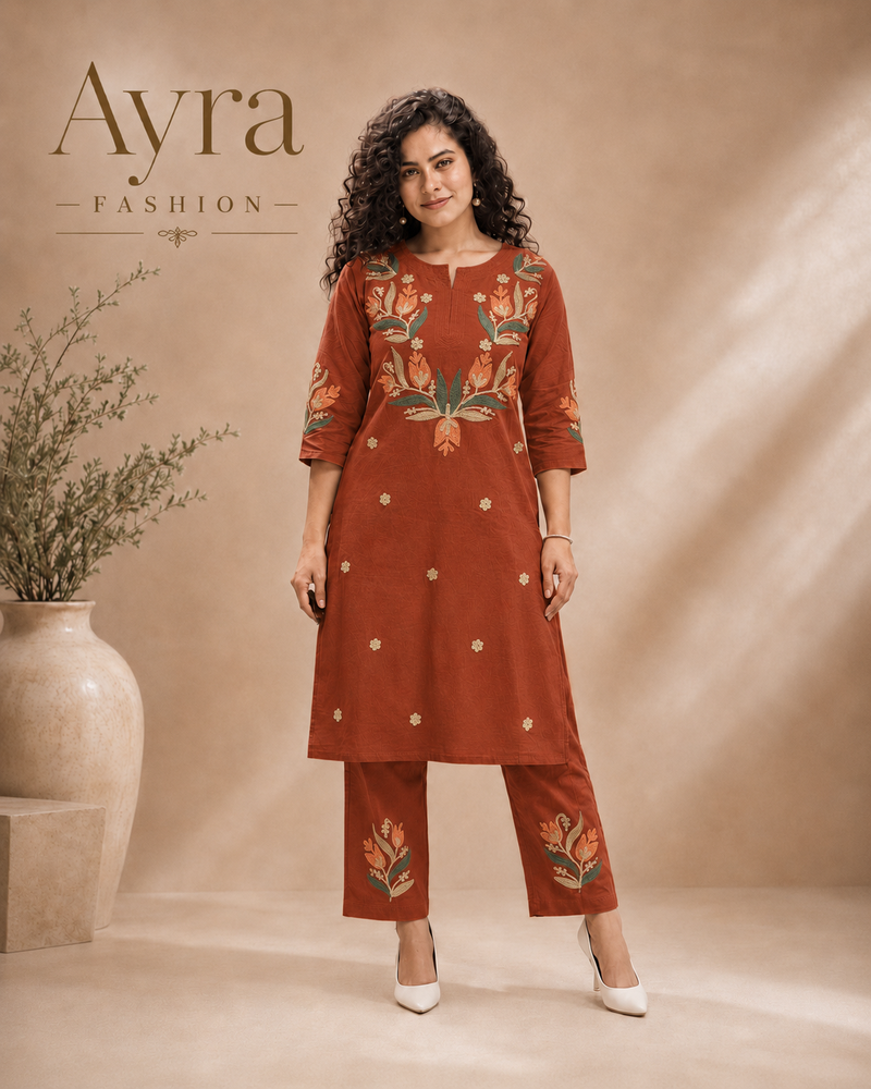 Rust Bloom Embroidered Kurta Set