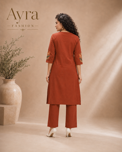 Rust Bloom Embroidered Kurta Set