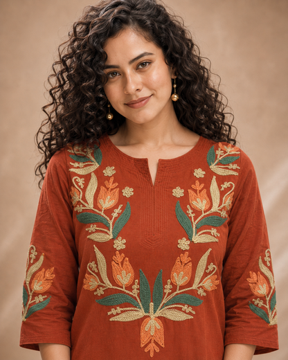Rust Bloom Embroidered Kurta Set