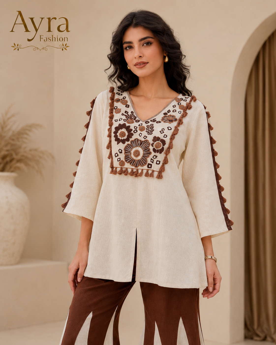 Ivory Brown Sarara Embroidery Co-ord Set