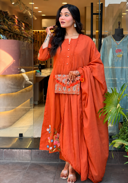 Elegant Rust Cotton Kurta Dupatta Set with Embroidery