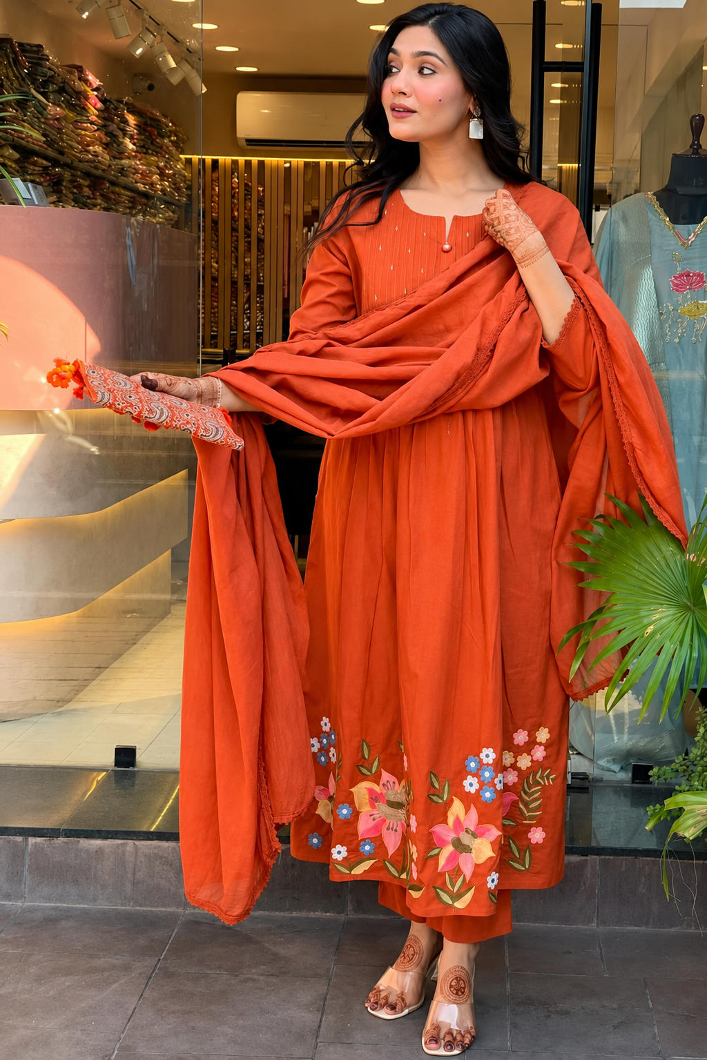 Elegant Rust Cotton Kurta Dupatta Set with Embroidery