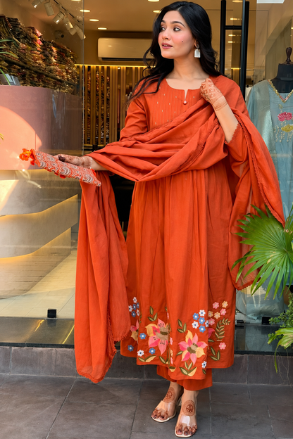 Elegant Rust Cotton Kurta Dupatta Set with Embroidery