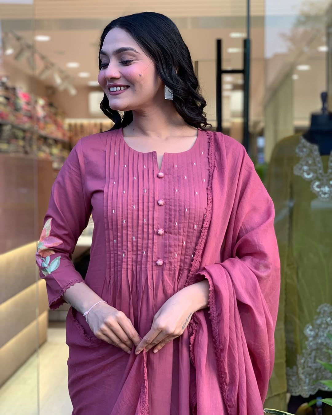 Mauve Floral Embroidery Cotton kurta Set