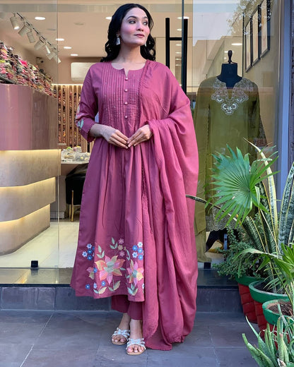 Mauve Floral Embroidery Cotton kurta Set
