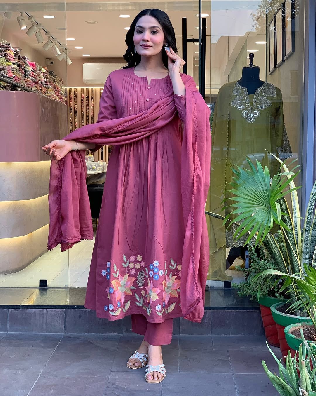 Mauve Floral Embroidery Cotton kurta Set
