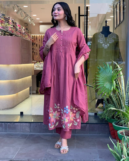 Mauve Floral Embroidery Cotton kurta Set
