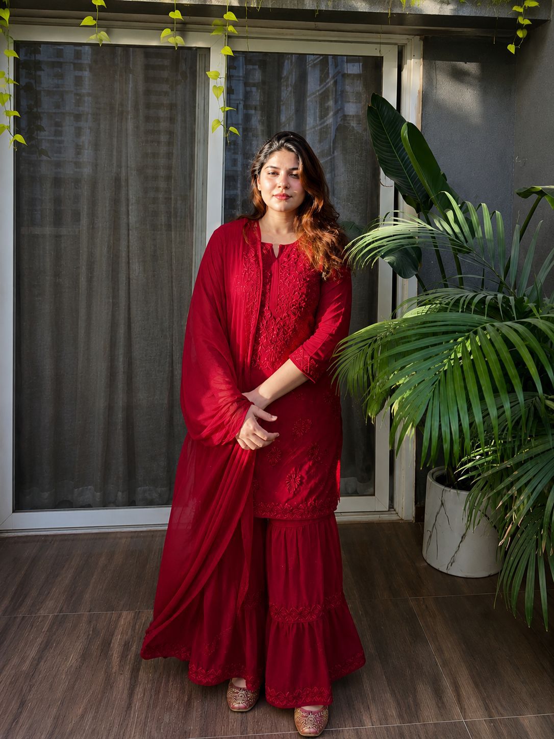 Red Chikankari Sharara kurti Set -(1476)