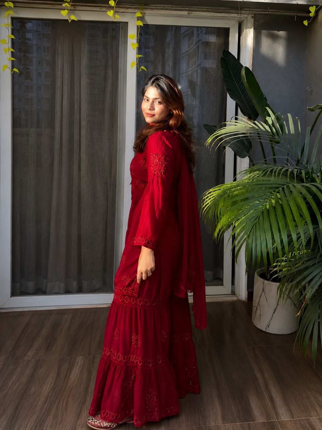 Red Chikankari Sharara kurti Set -(1476)