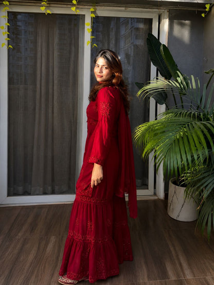Red Chikankari Sharara kurti Set -(1476)
