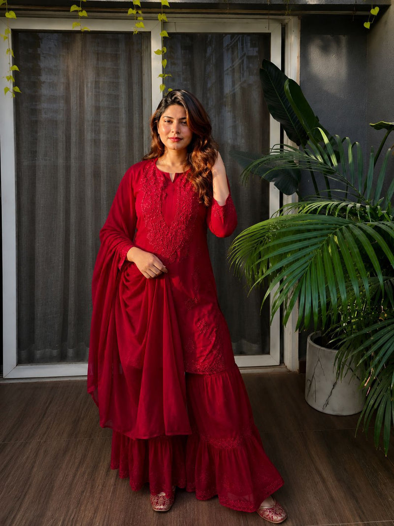 Red Chikankari Sharara kurti Set -(1476)