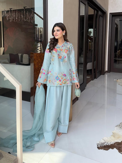 FARSI SALWAAR SUIT WITH DUPATTA & BEAUTIFUL EMBROIDERY (Light Blue)-(469)