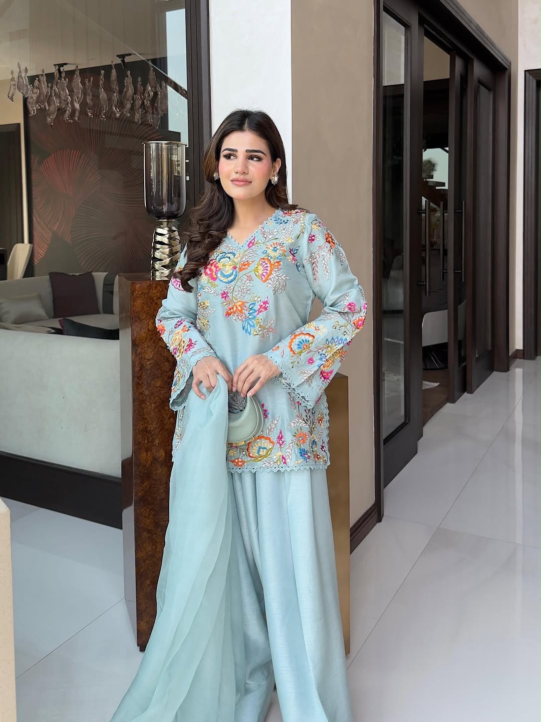 FARSI SALWAAR SUIT WITH DUPATTA & BEAUTIFUL EMBROIDERY (Light Blue)-(469)