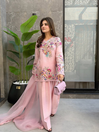 FARSI SALWAAR SUIT WITH DUPATTA & DESIGNER EMBROIDERY -Pink (469)
⁠