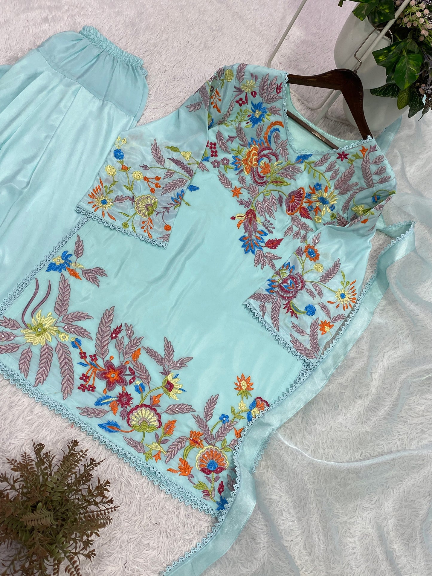 FARSI SALWAAR SUIT WITH DUPATTA & BEAUTIFUL EMBROIDERY (Light Blue)-(469)