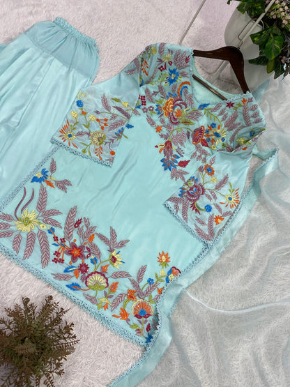 FARSI SALWAAR SUIT WITH DUPATTA & BEAUTIFUL EMBROIDERY (Light Blue)-(469)