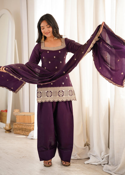 Deep Purple Embroidered Kurta Set-(NKB-80)