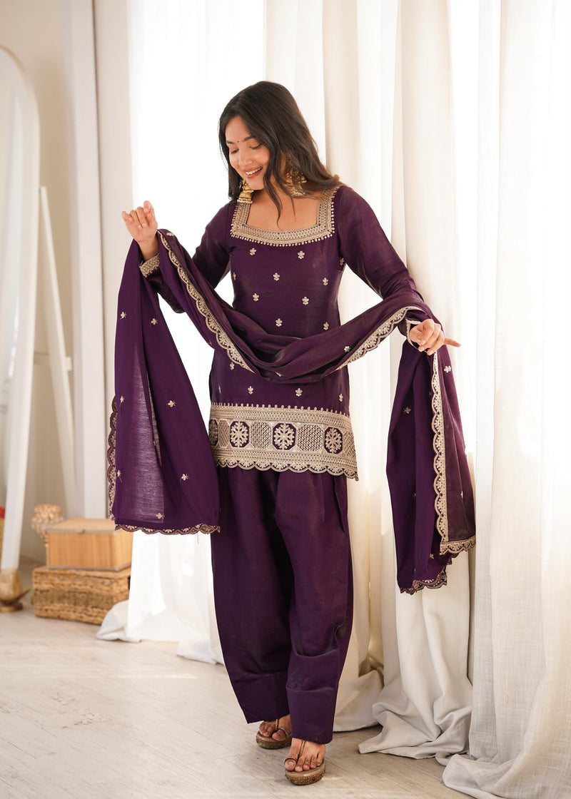 Deep Purple Embroidered Kurta Set-(NKB-80)