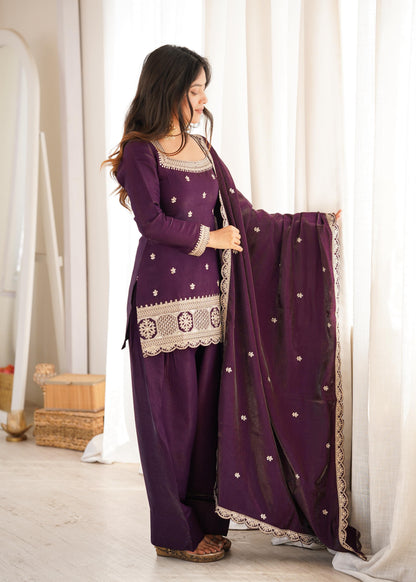 Deep Purple Embroidered Kurta Set-(NKB-80)