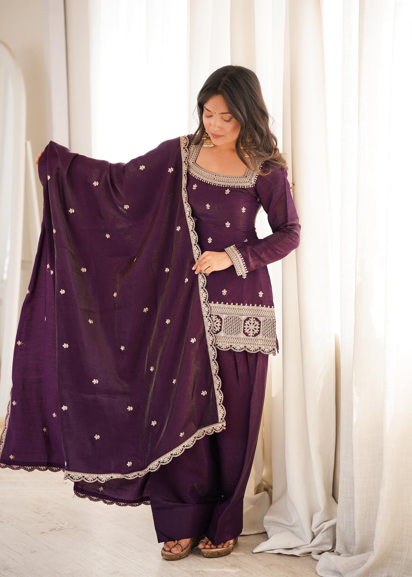 Deep Purple Embroidered Kurta Set-(NKB-80)