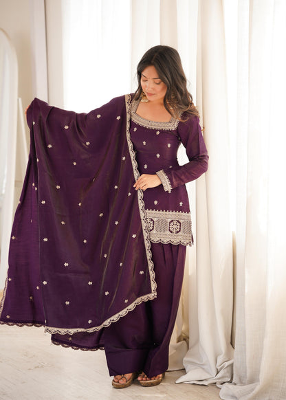Deep Purple Embroidered Kurta Set-(NKB-80)