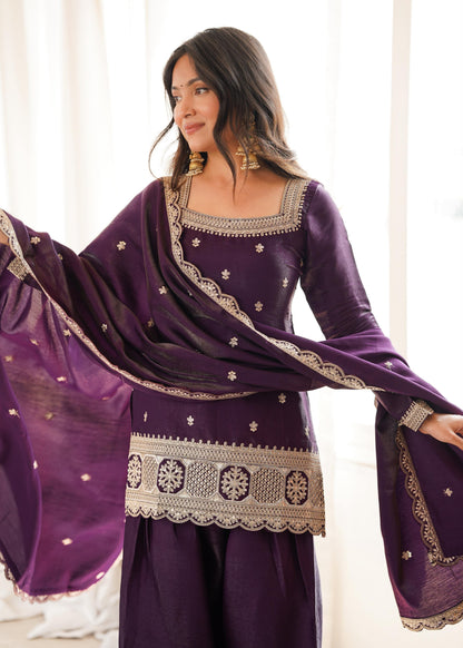 Deep Purple Embroidered Kurta Set-(NKB-80)