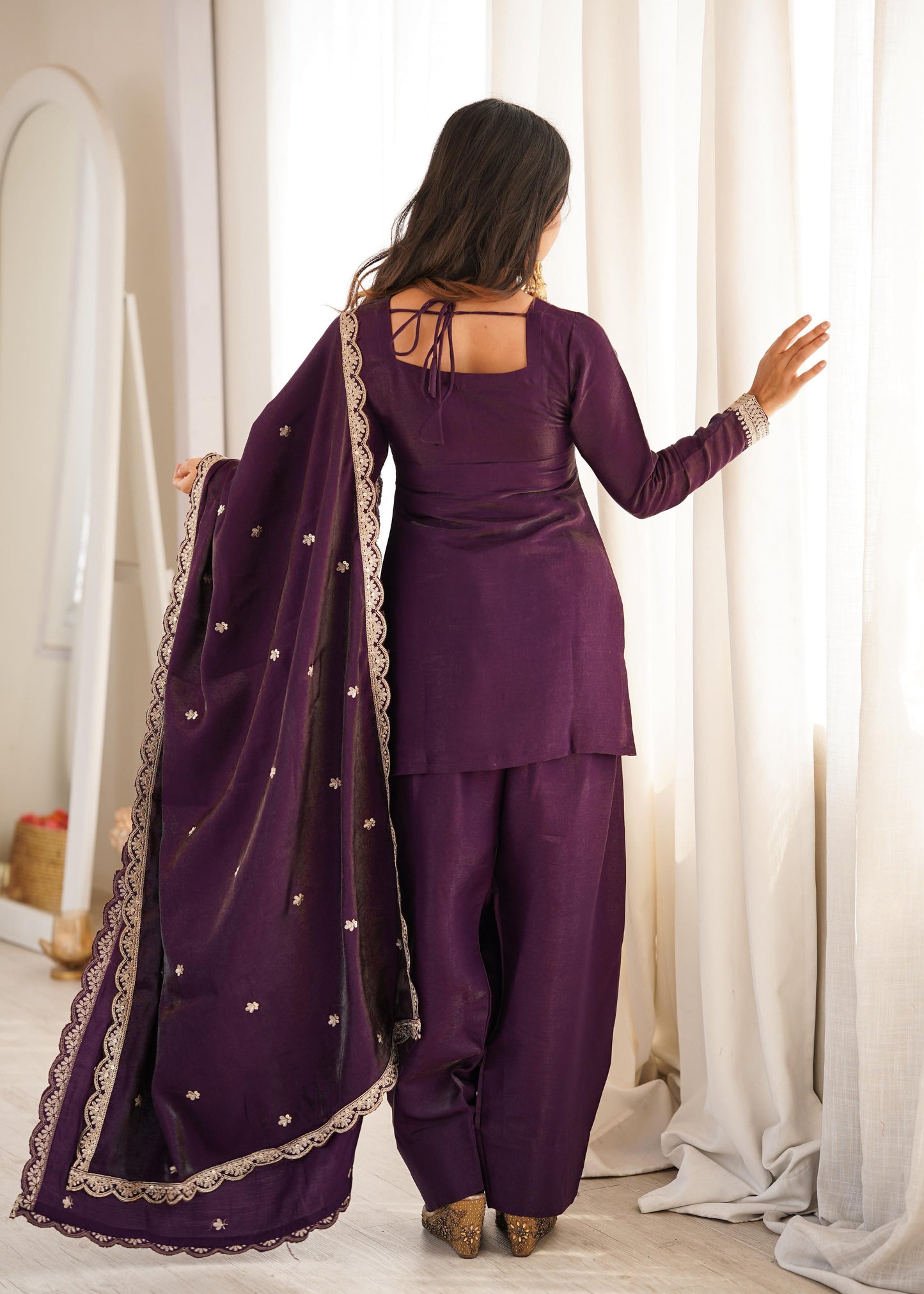Deep Purple Embroidered Kurta Set-(NKB-80)