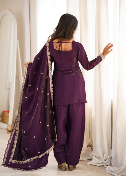Deep Purple Embroidered Kurta Set-(NKB-80)