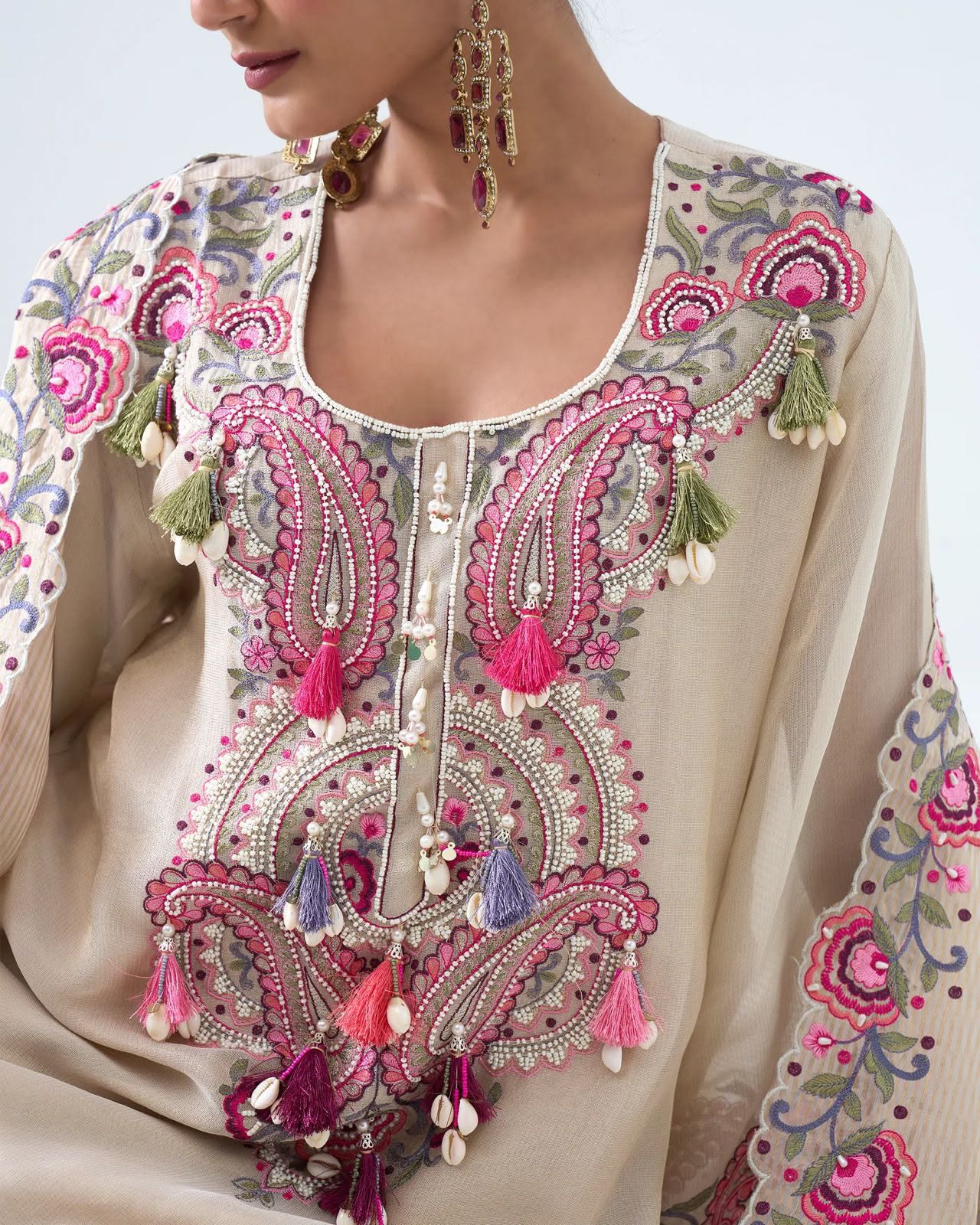 Ivory Pink Paisley Embroidered Kurta set - (5348)