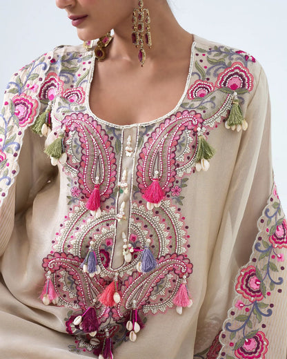 Ivory Pink Paisley Embroidered Kurta set - (5348)