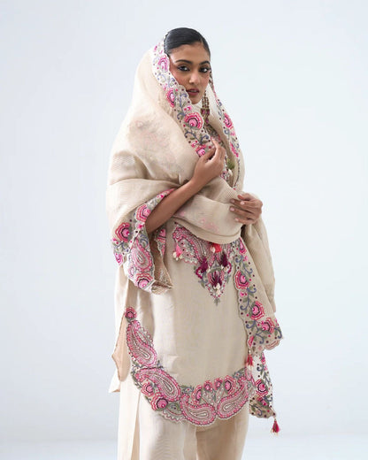 Ivory Pink Paisley Embroidered Kurta set - (5348)
