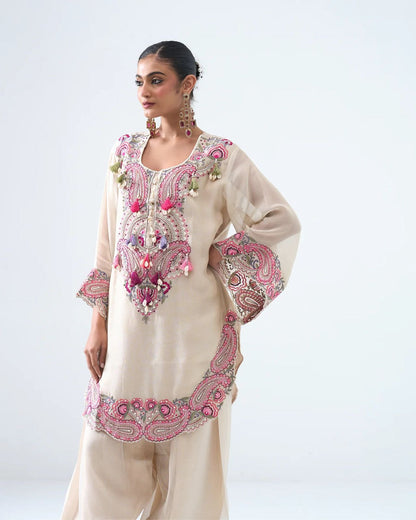 Ivory Pink Paisley Embroidered Kurta set - (5348)