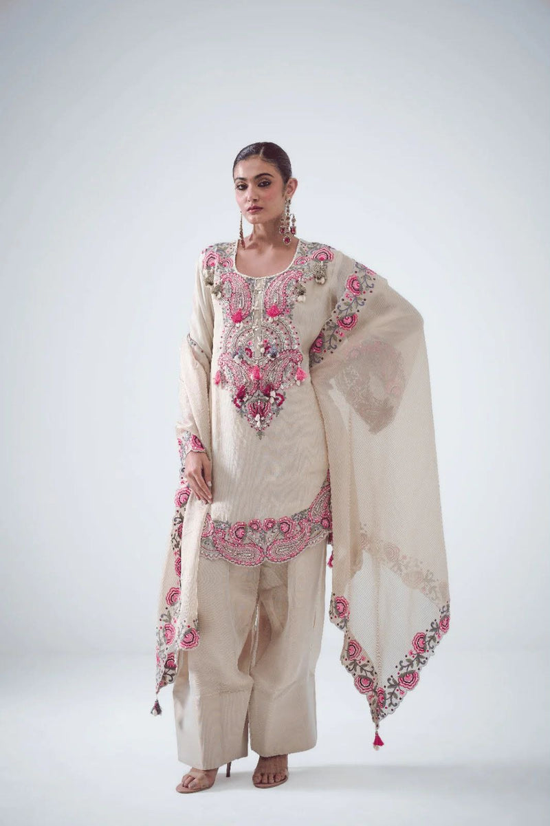 Ivory Pink Paisley Embroidered Kurta set - (5348)