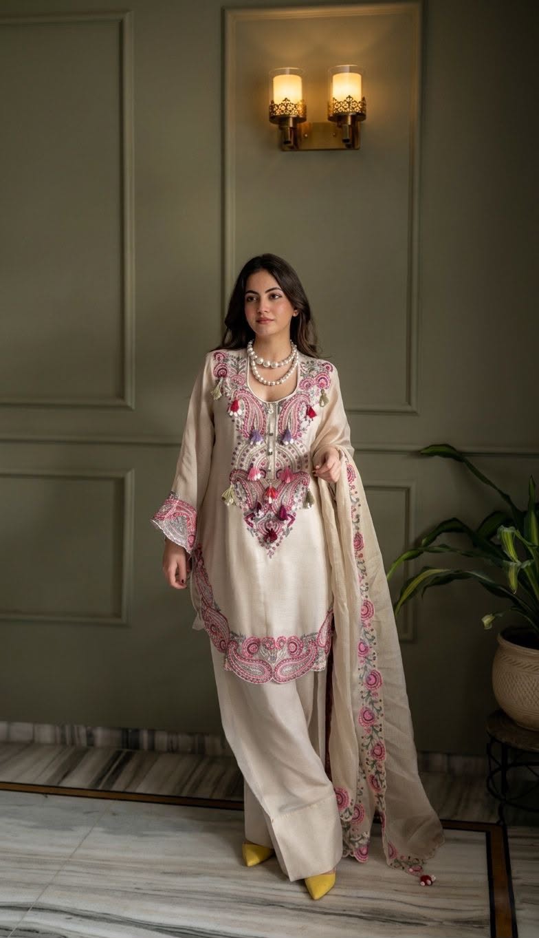 Ivory Pink Paisley Embroidered Kurta set - (5348)