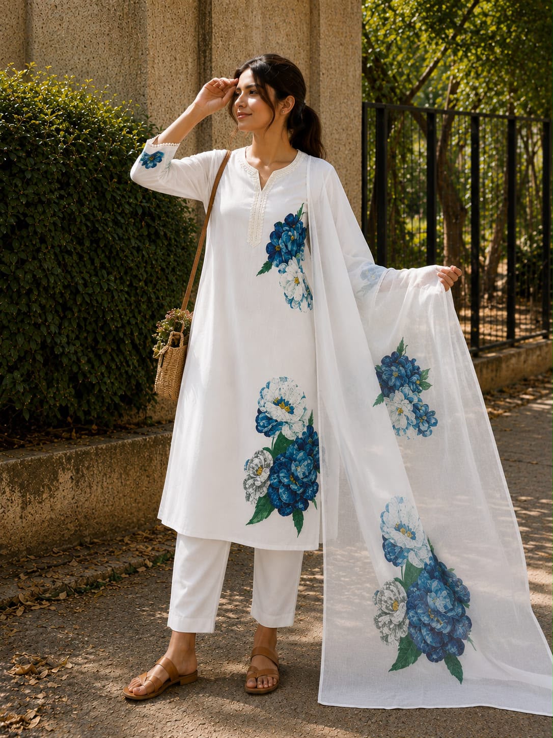 The Azure Bloom Kurta Set:-Lilan Lunching 3 psc (white)