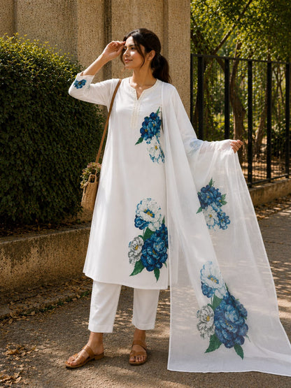 The Azure Bloom Kurta Set:-Lilan Lunching 3 psc (white)