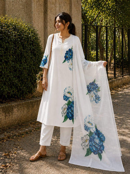 The Azure Bloom Kurta Set:-Lilan Lunching 3 psc (white)