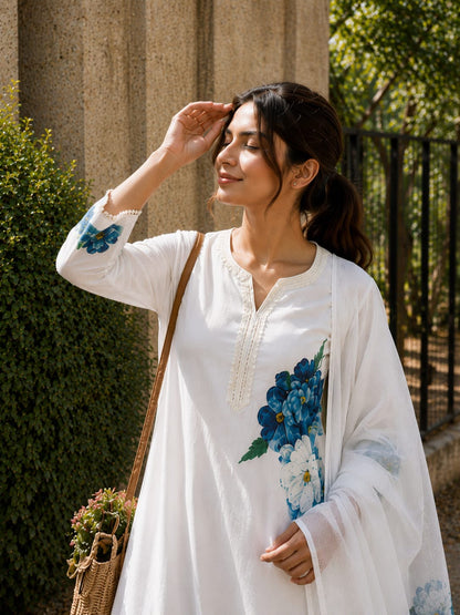 The Azure Bloom Kurta Set:-Lilan Lunching 3 psc (white)