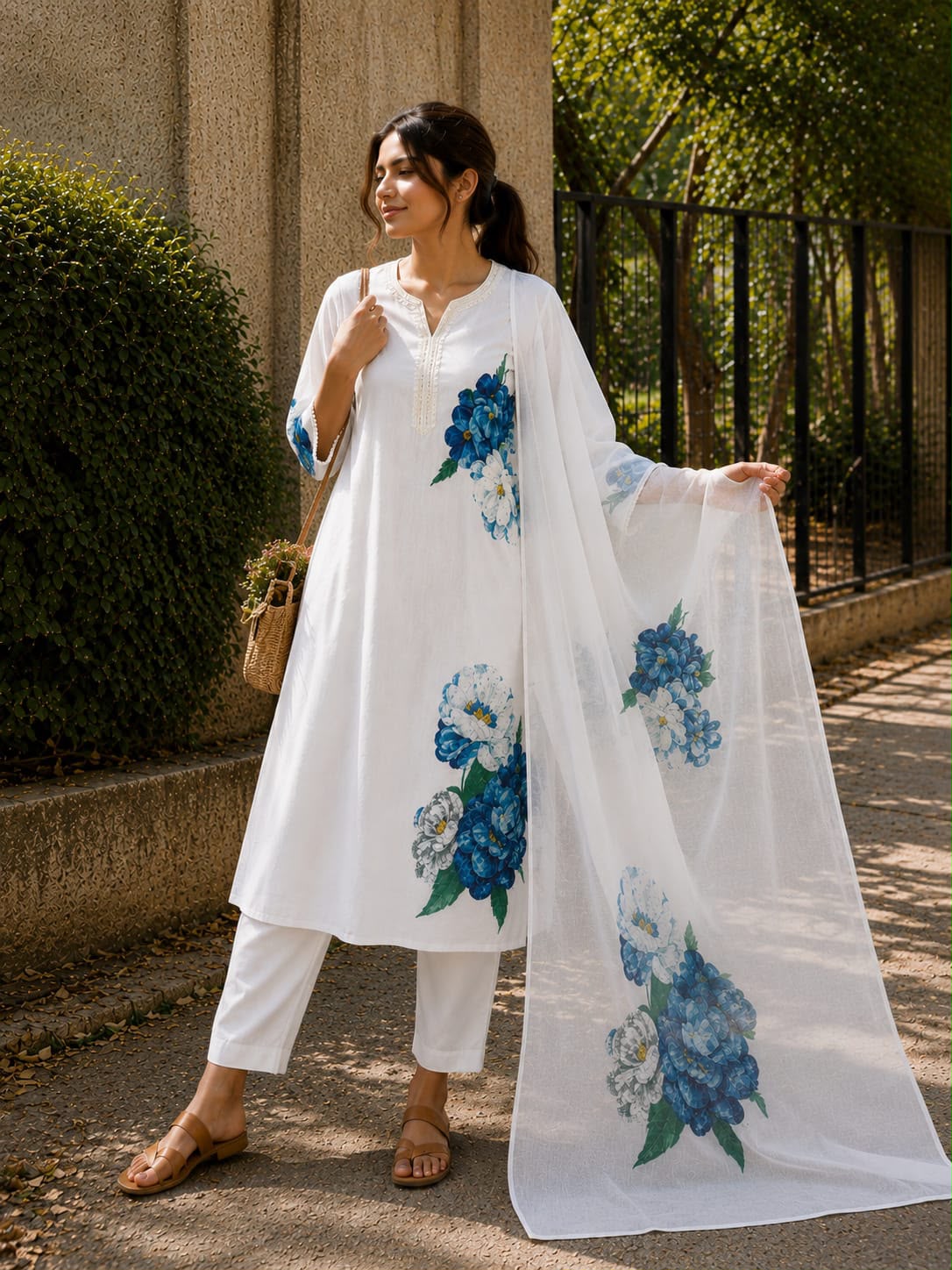 The Azure Bloom Kurta Set:-Lilan Lunching 3 psc (white)