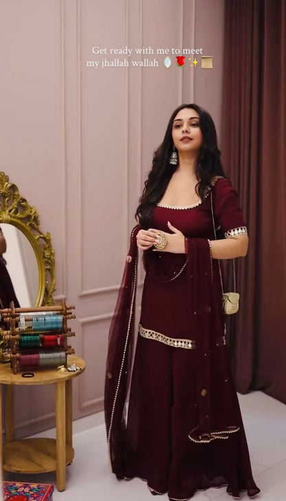 Maroon Mirror-Work Kurta Palazzo Set -(5250)