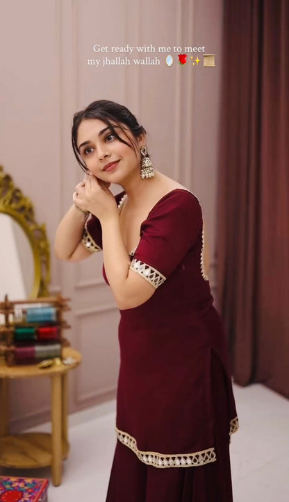 Maroon Mirror-Work Kurta Palazzo Set -(5250)