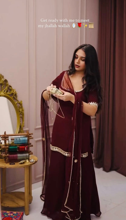 Maroon Mirror-Work Kurta Palazzo Set -(5250)