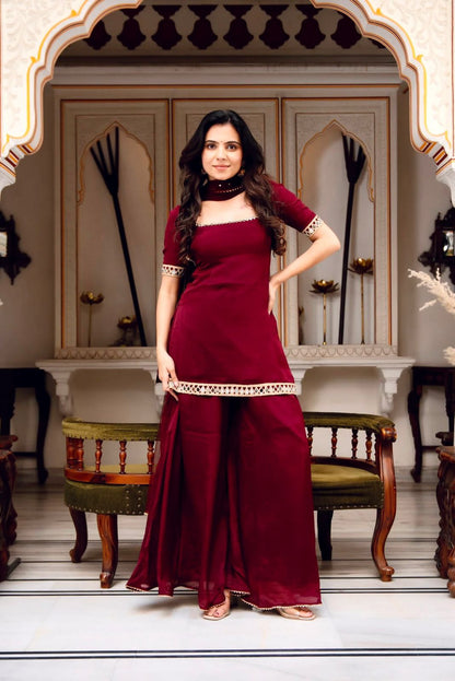 Maroon Mirror-Work Kurta Palazzo Set -(5250)