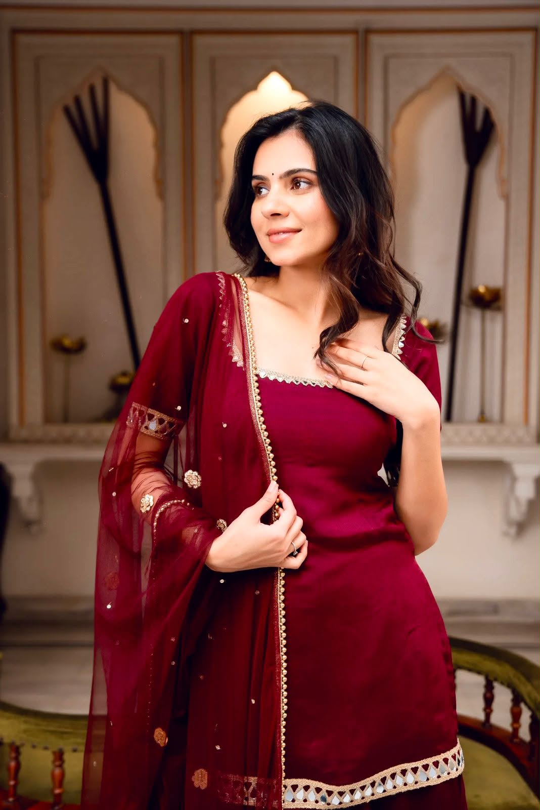 Maroon Mirror-Work Kurta Palazzo Set -(5250)