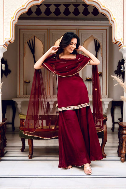 Maroon Mirror-Work Kurta Palazzo Set -(5250)